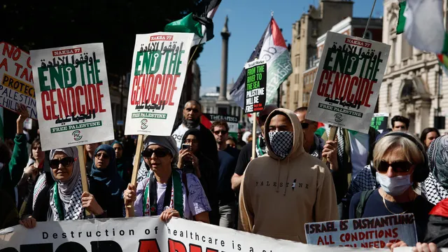 Tens of thousands of pro-Palestinian demonstrators marched down Downing Street on the anniversary of Nakba